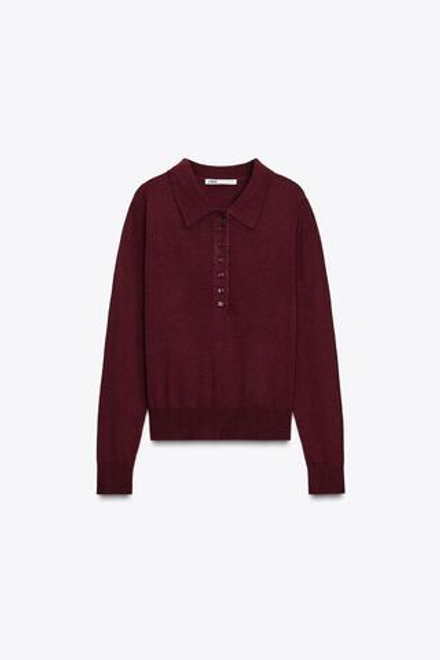 ZARA ОДНОТОННЫЙ ТРИКОТАЖНЫЙ СВИТЕР ПОЛО, БУРГУНДИ