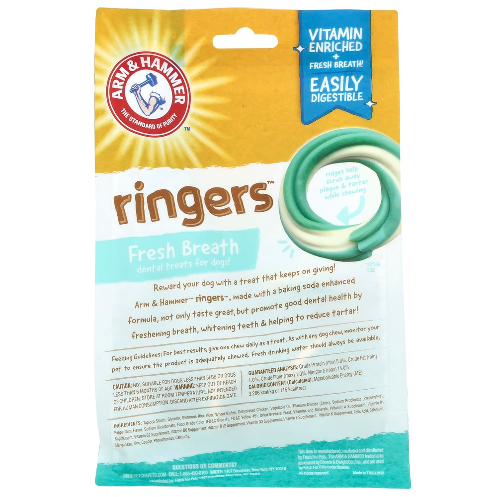 Arm & Hammer, Ringers, лакомство для свежести дыхания для зубов собак, средний, мята, 5 шт., 175 г (6,2 унции)