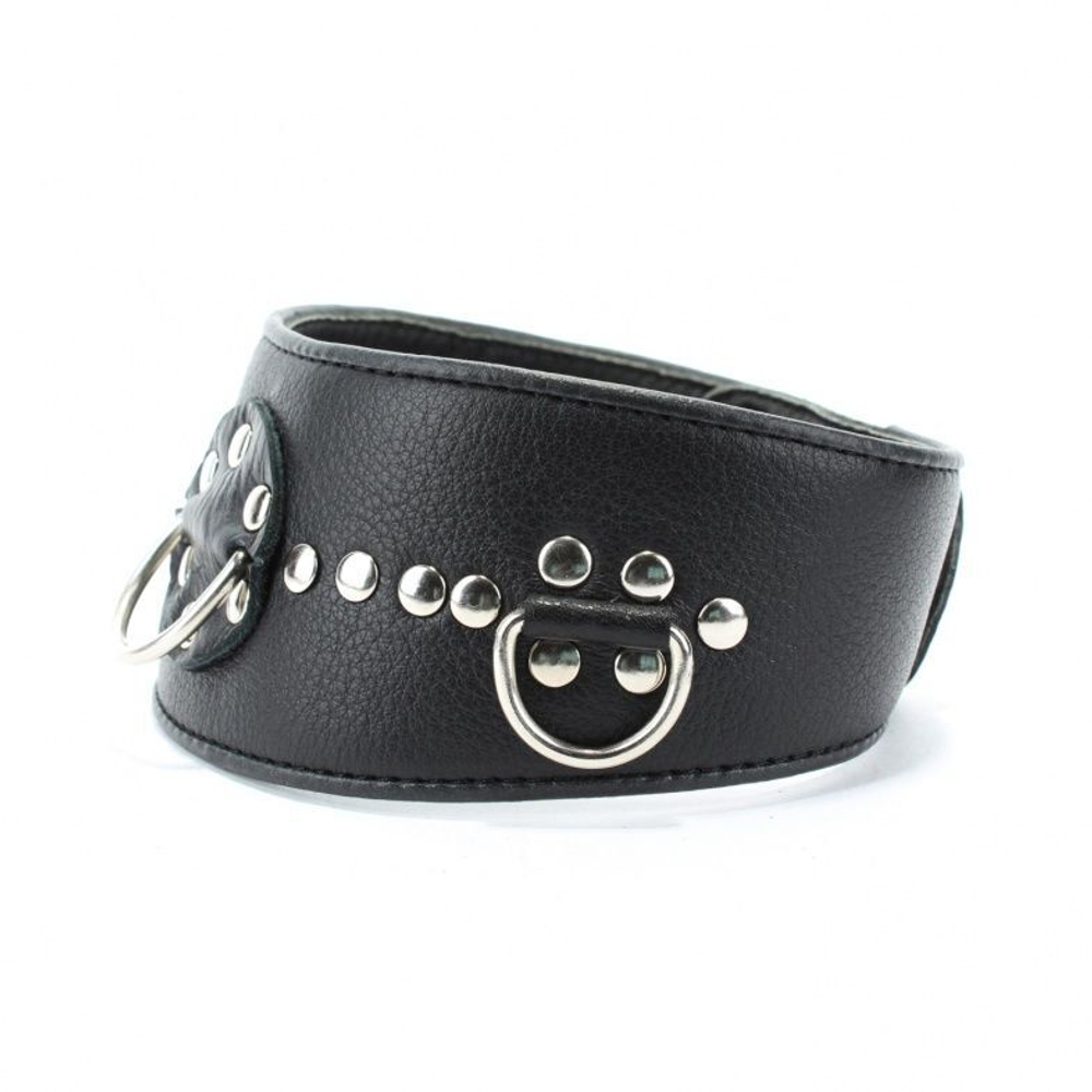 Чёрный кожаный ошейник с полукольцами и клёпками (Цвет: черный)
