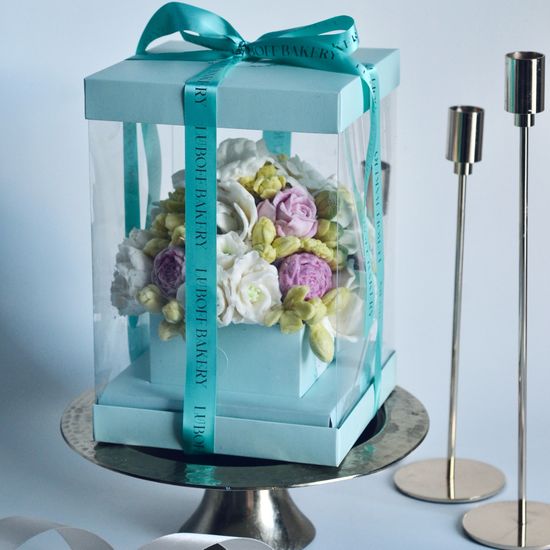 Большая композиция зефирных цветов премиум в коробке аквариуме