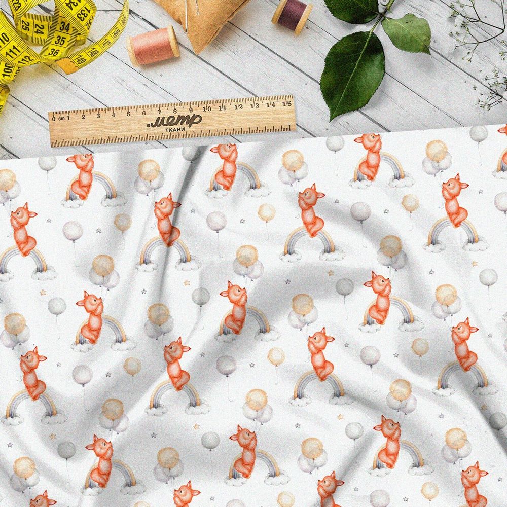Ткань блэкаут лисята на радуге с шарами