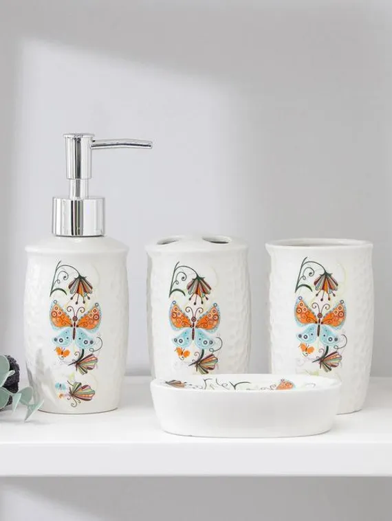 Набор аксессуаров для ванной комнаты Долян «Осенняя бабочка», 4 предмета (дозатор 250 мл, мыльница, 2 стакана)