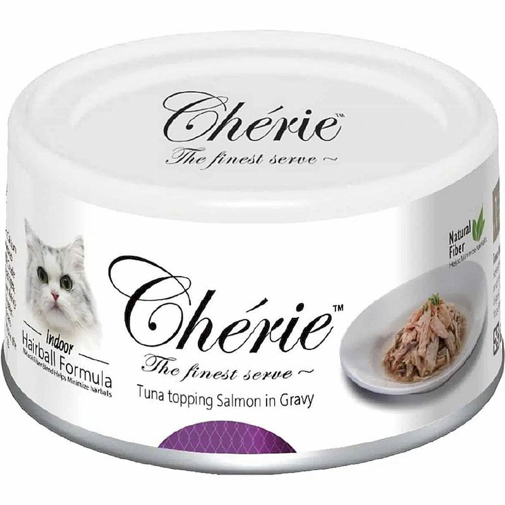 Влажный корм для кошек PETTRIC Cherie Hairball Control с тунцом и лососем в подливе, банка 80 г Влажный корм для кошек PETTRIC Cherie Hairball Control с тунцом и лососем в подливе, банка 80 г