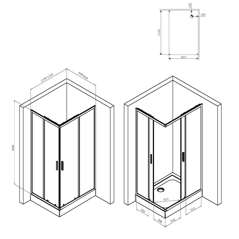 Душевое ограждение 120x90, без Поддона AM.PM Gem S W93G-404-120290-BT Черный