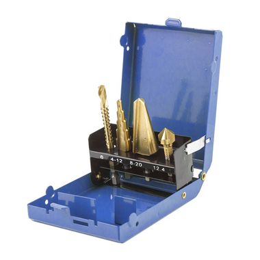 Набор сверл комбинированных HSS 424, 4 пр.(сверло ступеньчатое:4-12мм,конусное:8-20мм,проходное-6мм,зенкер-12.4мм), в метал. футляре Forsage F-44705