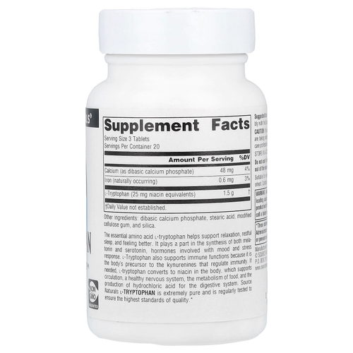 Source Naturals, L-триптофан, 500 мг, 60 таблеток (166 мг в 1 таблетке)