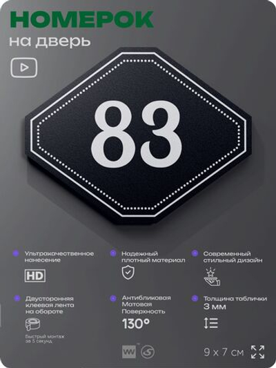 Номерок на дверь квартиры 83, для кабинета, офиса, шильдик 9 х 7 см, черный, Айдентика Технолоджи