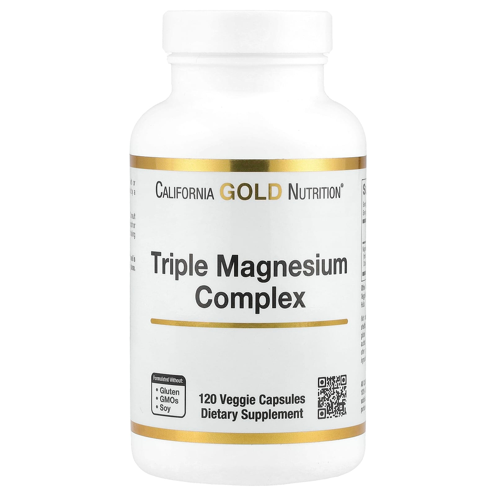 California Gold Nutrition, комплекс с тремя видами магния, малат, цитрат и хелатный бисглицинат, 120 растительных капсул (105 мг в 1 капсуле)