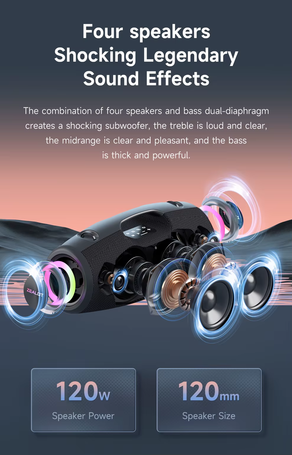 Портативная колонка Zealot "S78M", с микрофоном, 120W, влагозащита, Bluetooth, черная