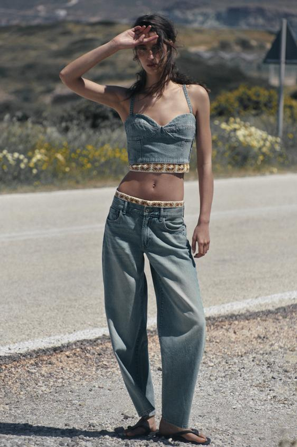 ZARA ТОП Z1975 ДЖИНСОВЫЙ КОМБИНИРОВАННЫЙ КРОШЕ, ВЫЦВЕТШИЙ СИНИЙ