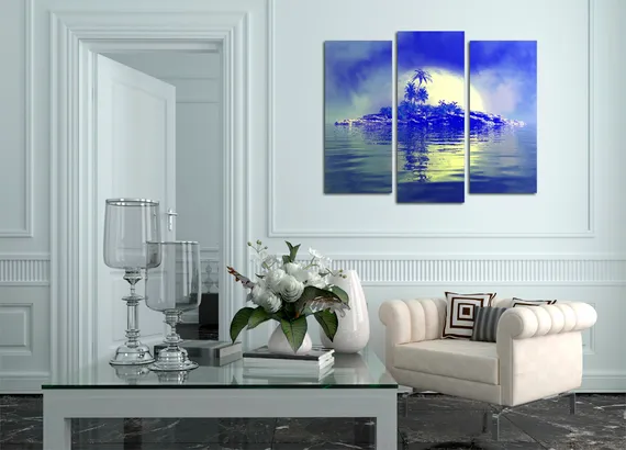 Модульная картина "Остров с пальмами в синих тонах"