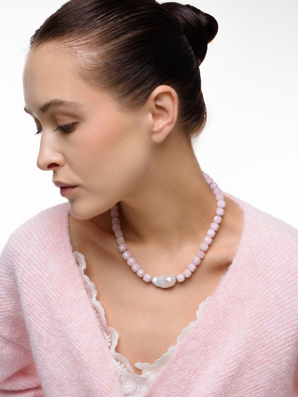 Колье "Pearl caramel pink" Silver