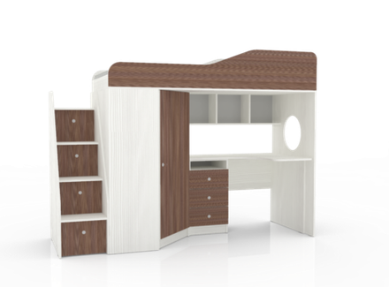 Кровать-чердак КарИВи Кадет 1 с универсальной лестницей Белое Дерево Бодего Темный