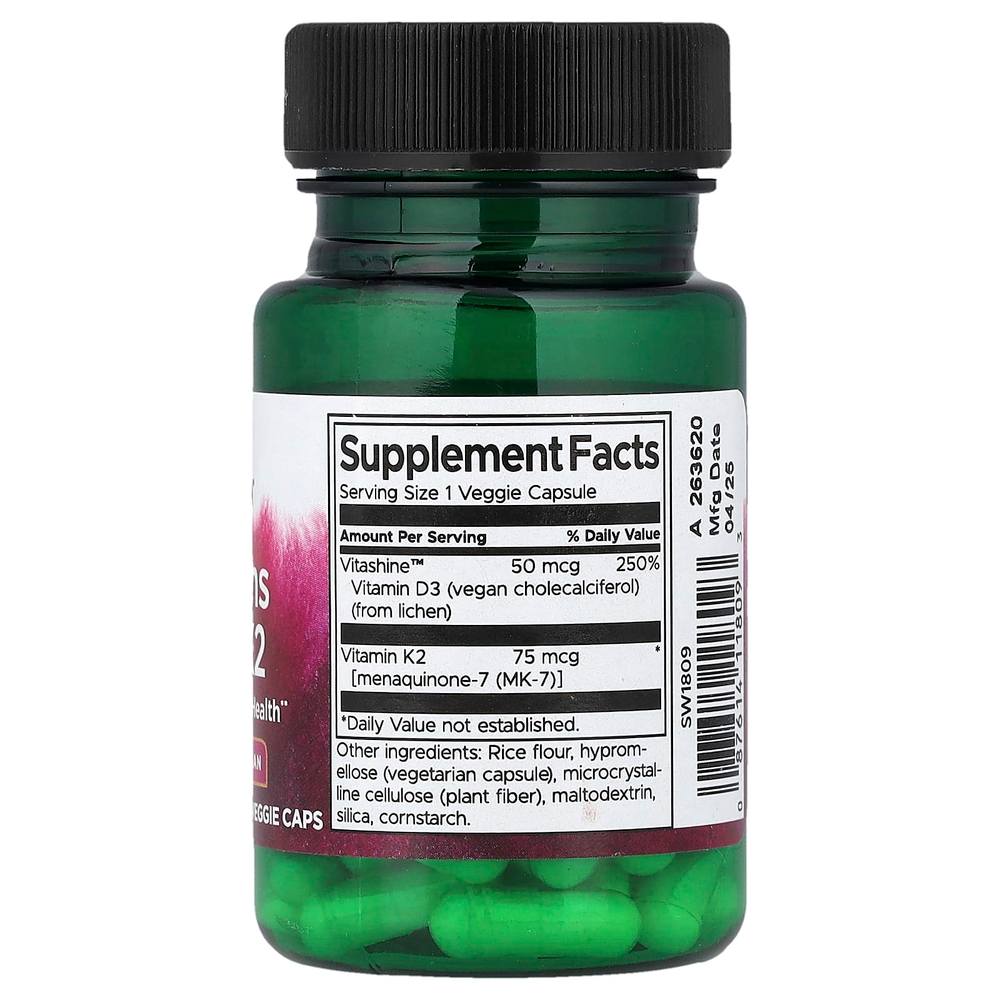 Swanson, Витамины D3 и K2, 60 растительных капсул