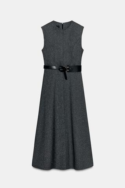 ZARA ПЛАТЬЕ-МИДИ С ПОЯСОМ, СЕРЫЙ МЕЛАНЖ