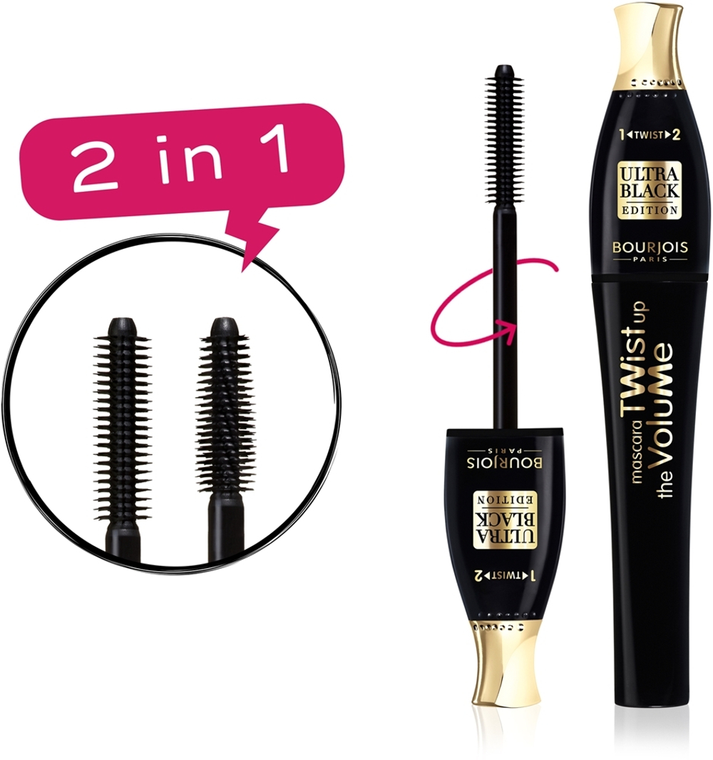 Bourjois Twist Up The Volume - Объемная тушь для ресниц с щеточкой 2-в-1, 8 ml