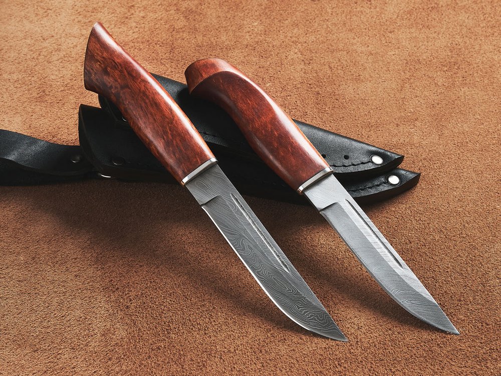 Спарка Финских ножей, дамасская сталь, рукоять мореная карельская береза