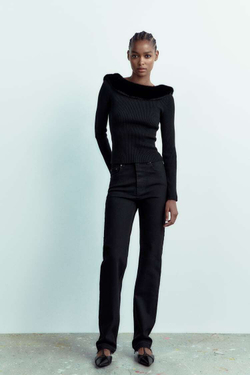 ZARA СВИТЕР С ВОРОТНИКОМ ИЗ ИСКУССТВЕННОГО МЕХА, ЧЕРНЫЙ