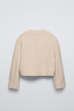 ZARA ЖАКЕТ ИЗ СМЕСОВОЙ ШЕРСТИ БУКЛЕ С БАНТОМ, ЭКРЮ
