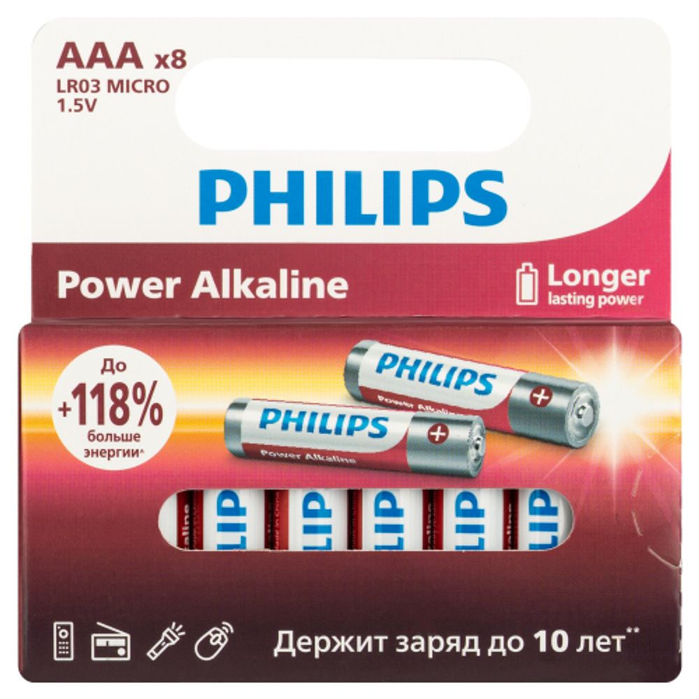 Батарейки Philips LR03P8W/51 ААА алкалиновые 1,5v 8 шт. LR03-8BL Power