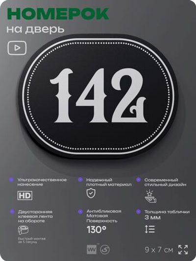 Номерок на дверь квартиры 142, для кабинета, офиса, шильдик 9 х 7 см, черный, Айдентика Технолоджи