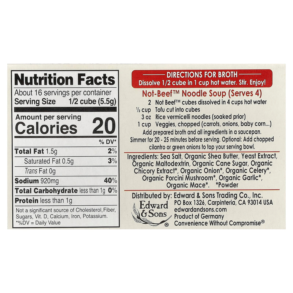 Edward & Sons, Not-Beef™, бульонные кубики, 8 кубиков, 88 г (3,1 унции)