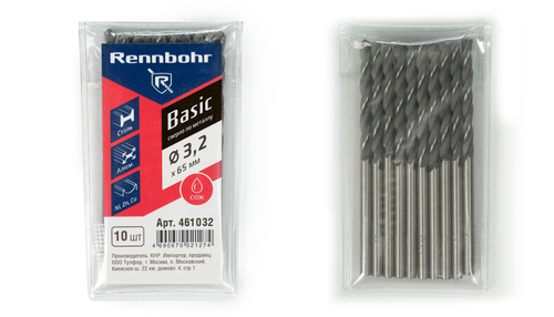 Сверло по металлу, ЦХ, 3,2 x65 мм, HSS-R, 10шт/уп, RENNBOHR BASIC PROM