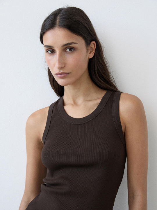 Massimo Dutti Футболка из смесовой хлопковой ткани, коричневый