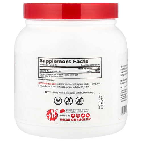 Metabolic Nutrition, Витамин C, без добавок, 500 г (17,64 унции)