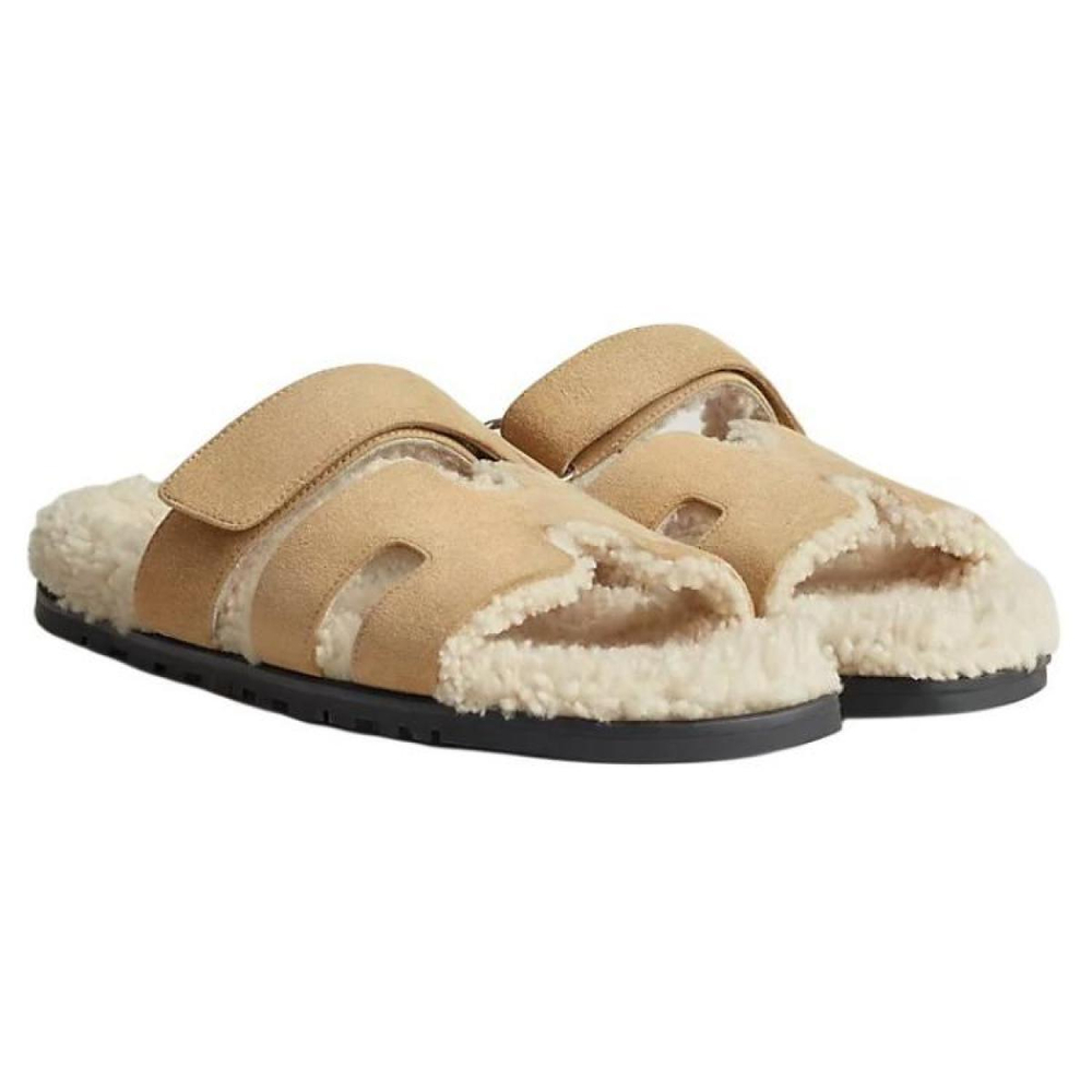 Hermes Chypre leather comfortable all-match slippers men's light brown, H222929Z HVD