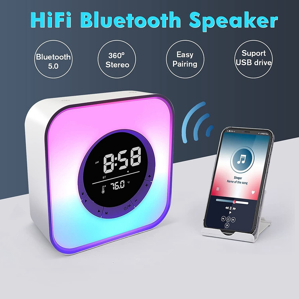 Колонка Bluetooth с будильником цветной светодиодной подсветкой дисплеем температуры функцией MP3-плеера