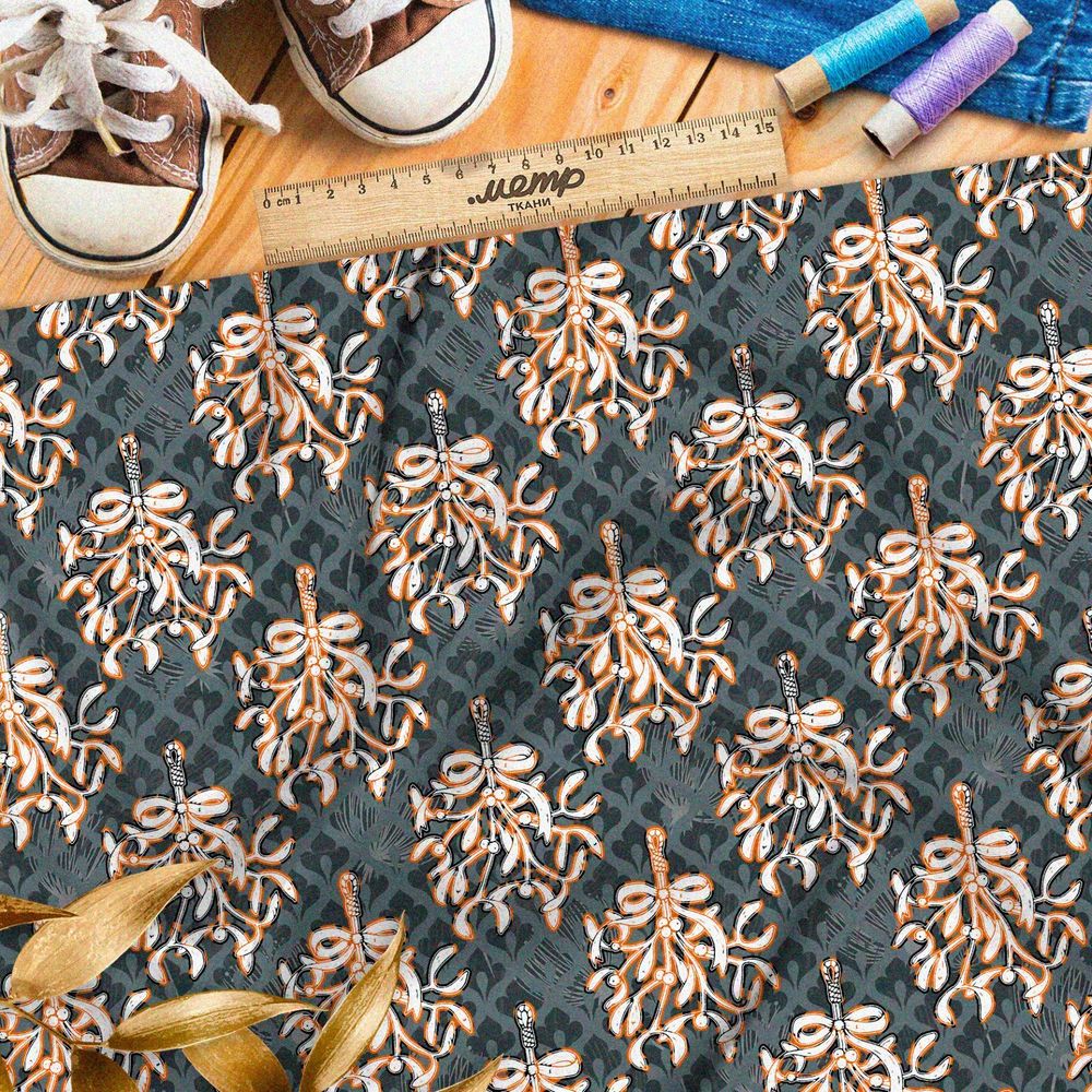 Ткань лён медные банты на вьющихся ветвях