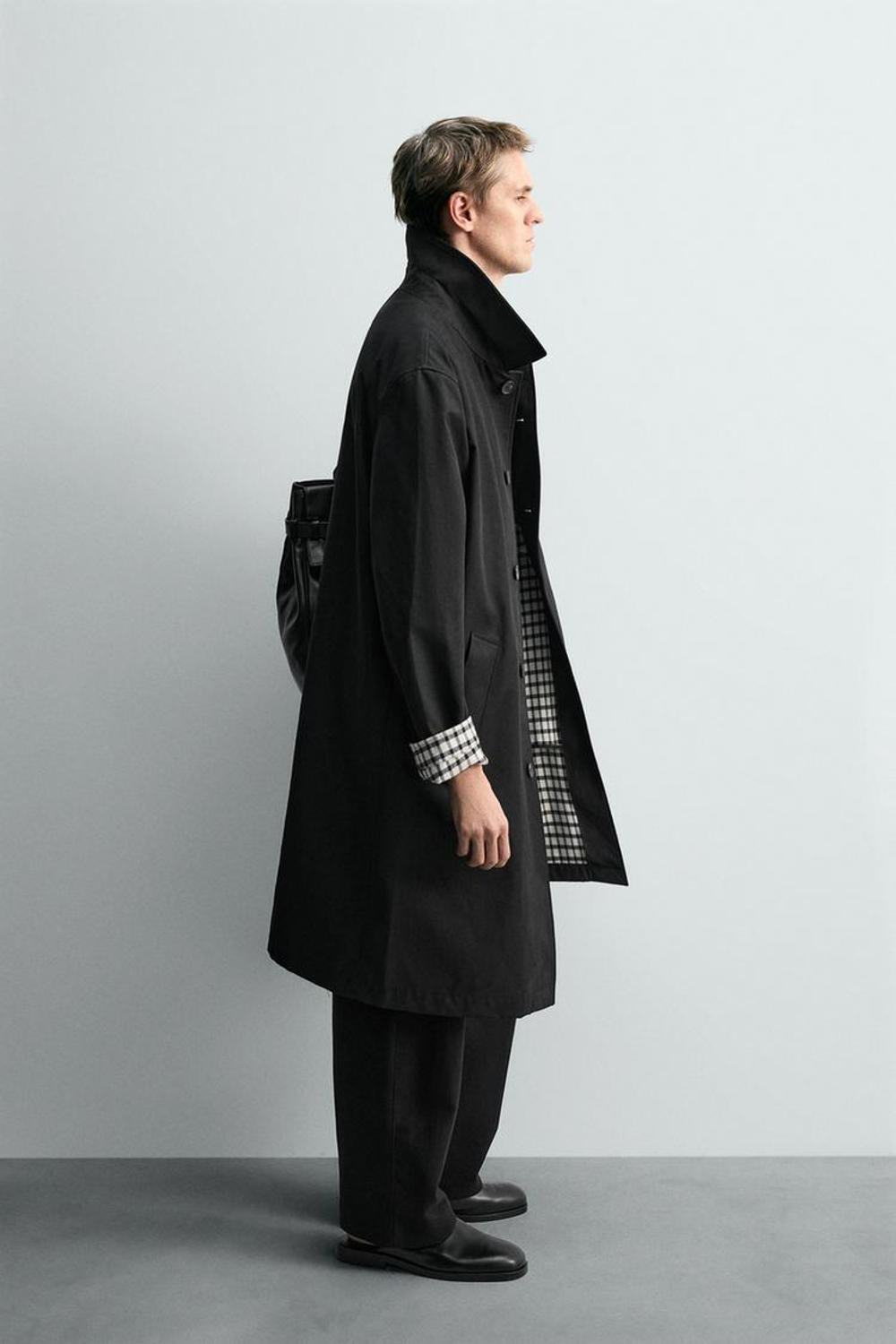 ZARA ТРЕНЧ С КЛЕТЧАТОЙ ОТДЕЛКОЙ, ЧЕРНЫЙ