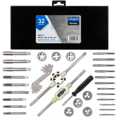 Набор метчиков и плашек 32 пр(М3х0.5,М4х0.7,М5х0.8,М6х1,М8х1.25,М10х1.5,М12х1.75) Scheppach Sch-M032-1