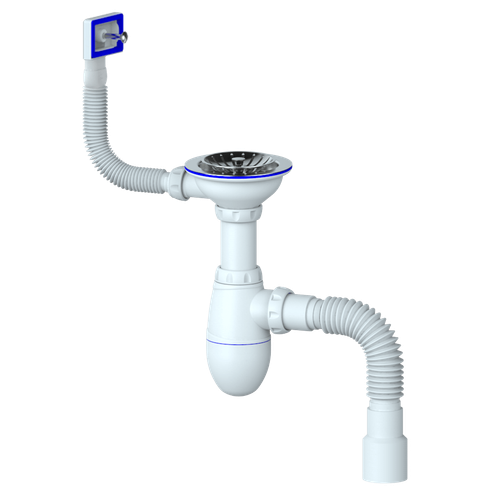 Сифон UNICORN для мойки, выпуск 1 1/2 (Ø40), прямоуг. перелив, чашка нерж. Ø115,ручка-пластик B425P