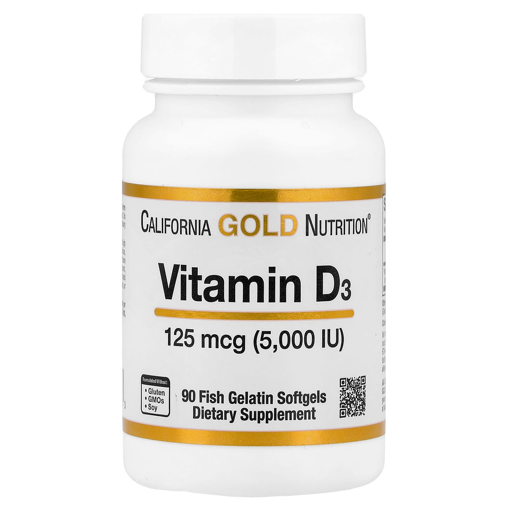 California Gold Nutrition, витамин D3, 125 мкг (5000 МЕ), 90 капсул из рыбьего желатина