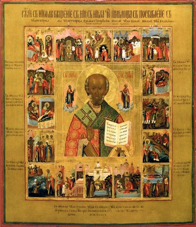Николай Чудотворец святитель Мирликийский с житием. Деревянная икона на левкасе