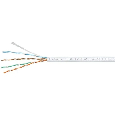 Витая пара Cabeus UTP-4P-Cat.5e-SOLID-LSZH-WH Кабель витая пара UTP (U/UTP), категория 5e, 4 пары (24 AWG), одножильный, белый, LSZH, нг(А)-HF, (305 м)