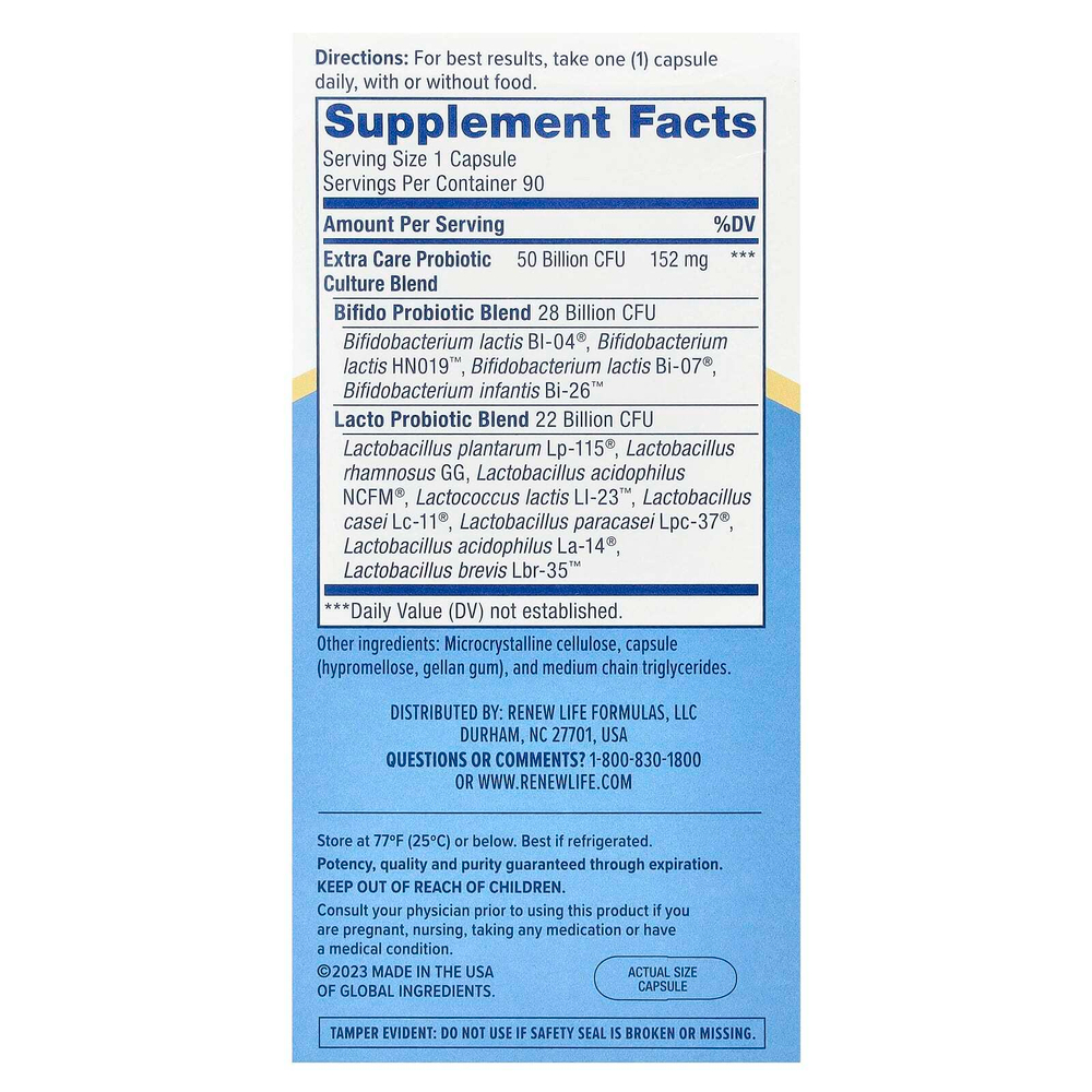 Renew Life, пробиотик Extra Care Digestive™, 50 млрд КОЕ, 90 вегетарианских капсул