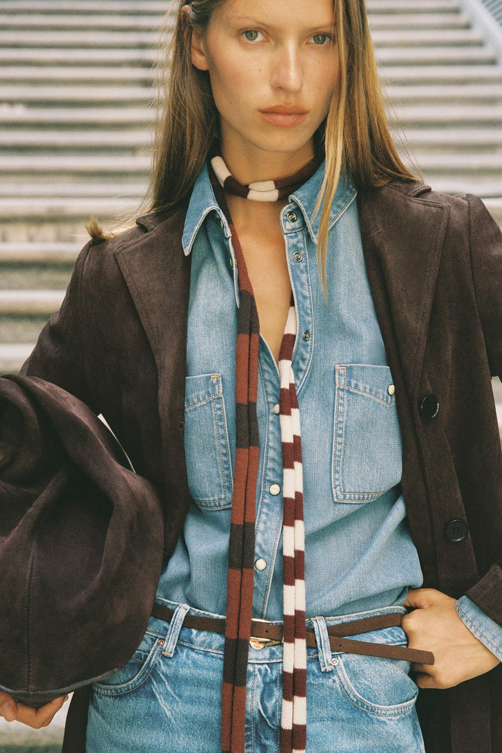 ZARA ПАЛЬТО-СЮРТУК ИЗ ТКАНИ ПОД ЗАМШУ, ШОКОЛАДНЫЙ