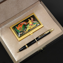 Набор подарочный "Иван и Жар-птица" №051 визитница персональная с ручной росписью и ручка Parker
