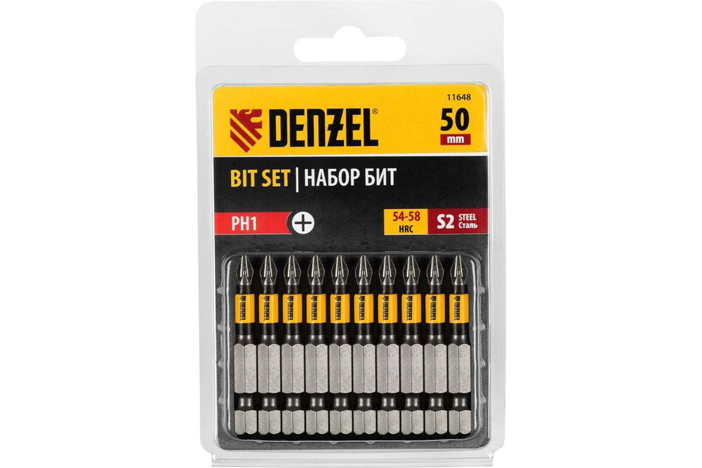 Набор бит PH1, 50 мм, сталь S2, круглый профиль, 10 шт Denzel 11648