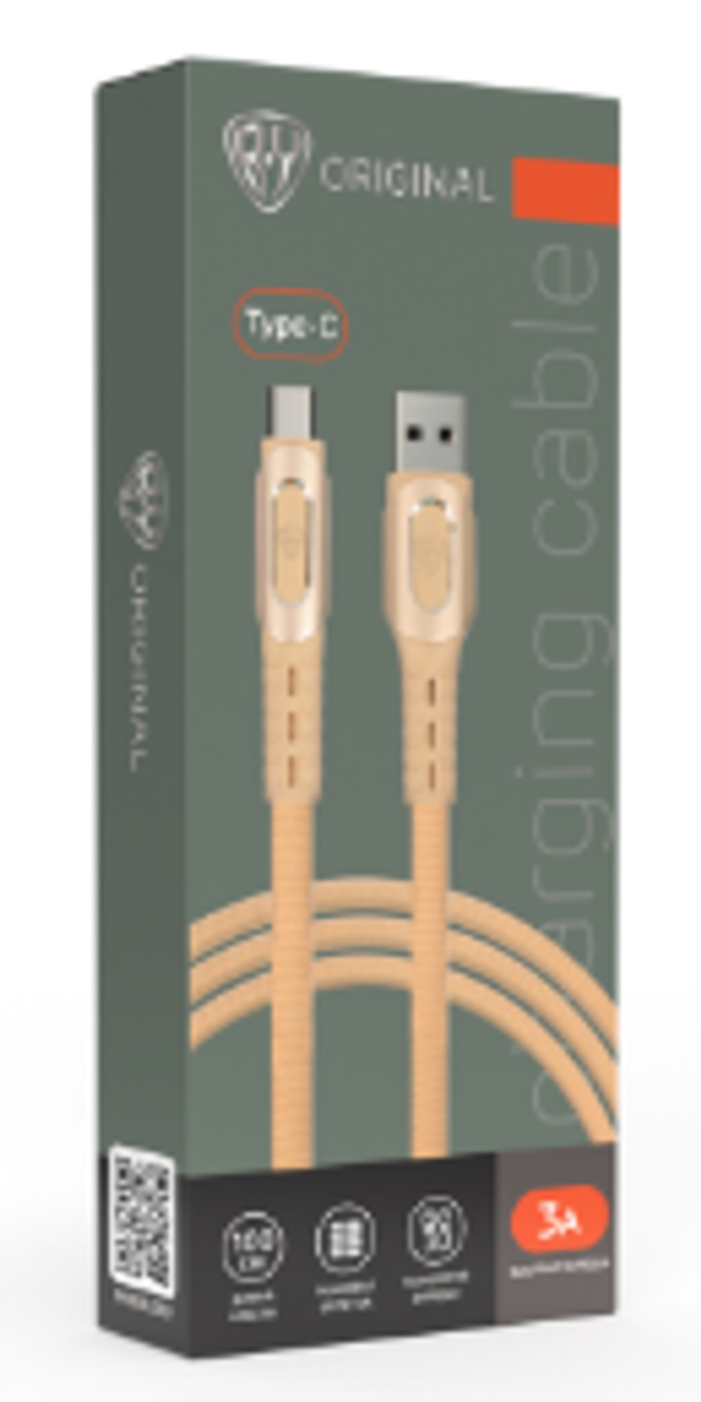 Шнур USB - Type-C  3,0Ам/1,0м золотистый ткань, Быстрая зарядка QC3.0, BY Original Экстрим 931384