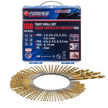 Набор сверел по металлу,100пр.(1,2,2.5,3,3.2,3.5,4-по 10шт,4.5,5,5.5,6,6.5-по 5шт,8,10-по 2шт)в кейсе Forsage F-924U100