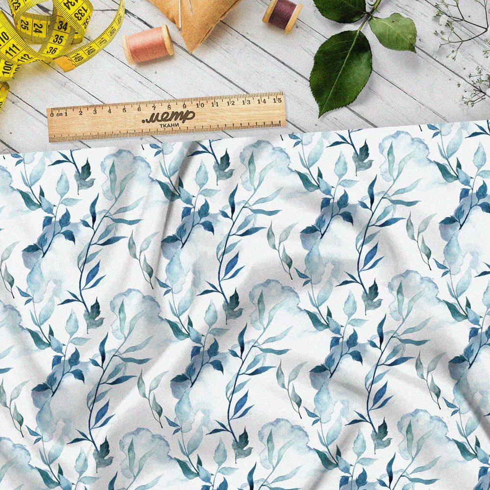 Ткань таффета синевато-голубые листья