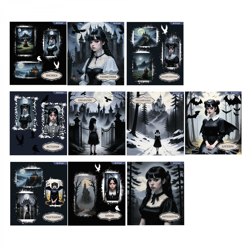 Комплект предметных тетрадей А5 48л., 10 предметов, со справ матер, скрепка, мелов. картон (стандарт), блок офсет, Alingar "Mystical wednesday"