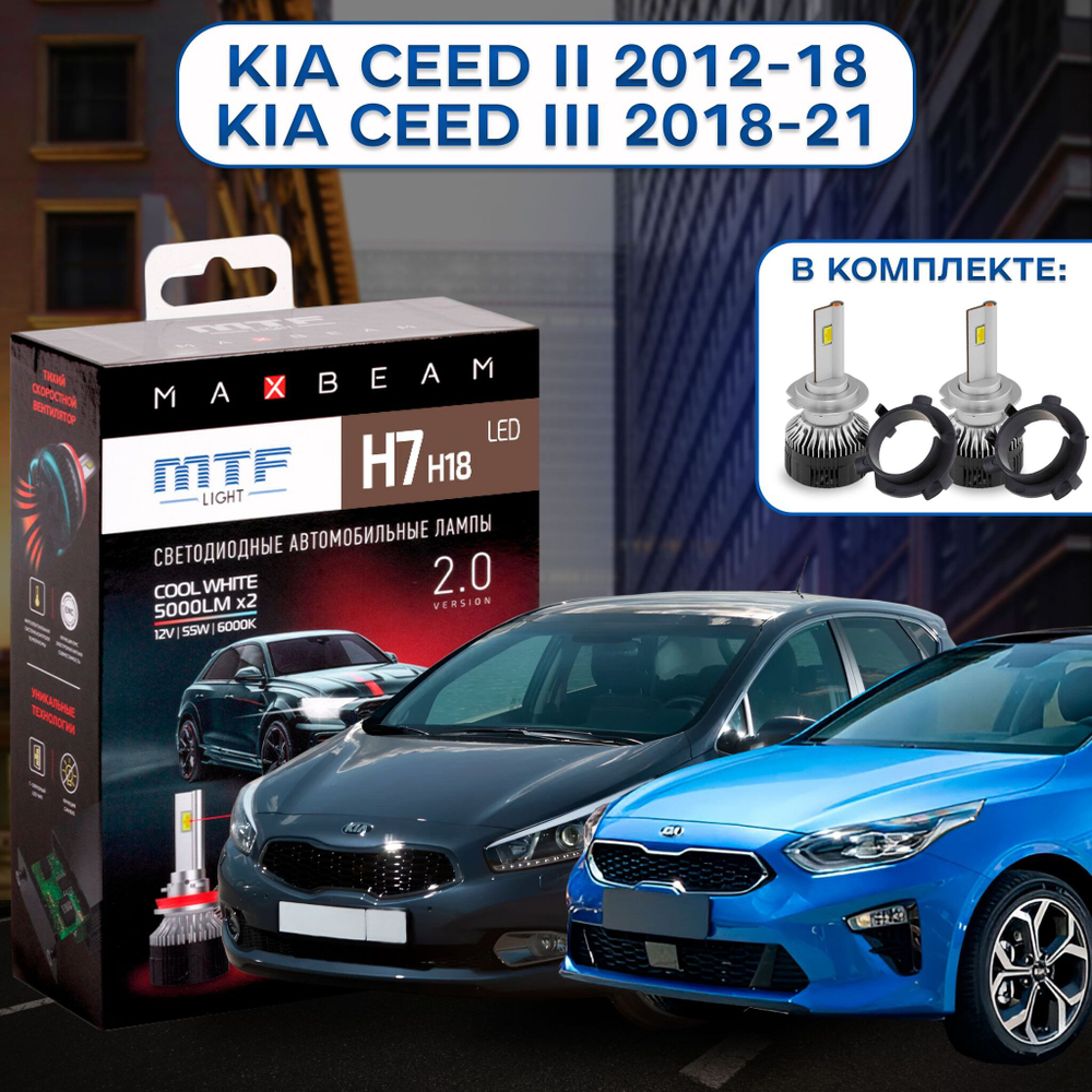 Светодиодные лампы для Kia Ceed ll 2012-18/Kia Ceed lll 2018-21 MTF Light H7 MaxBeam 5000 lm, 6000K ( к-т 2 шт. с переходниками)