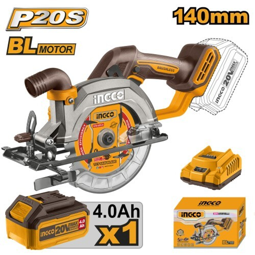 Пила циркулярная аккумуляторная INGCO CSLI14021 Li-Ion 20B