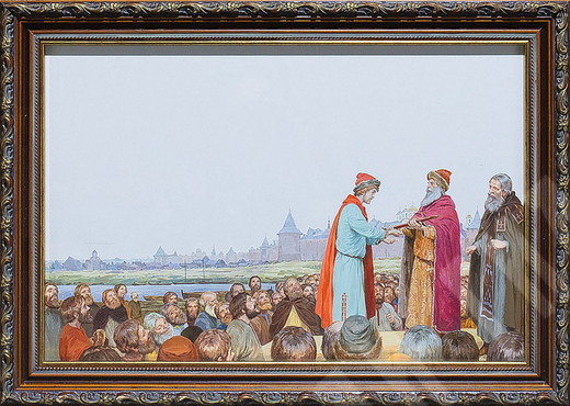 Гордеев Д. Д. (1964г.). Передача меча. Иллюстрация к книге "Александр Невский". Бумага, гуашь.