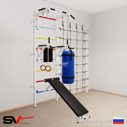 Шведская стенка Sv Sport усиленная 68130 (Турник стандарт/Брусья/Скамья/Кольца/Цепь/Мешок 30кг/Канатный лаз)